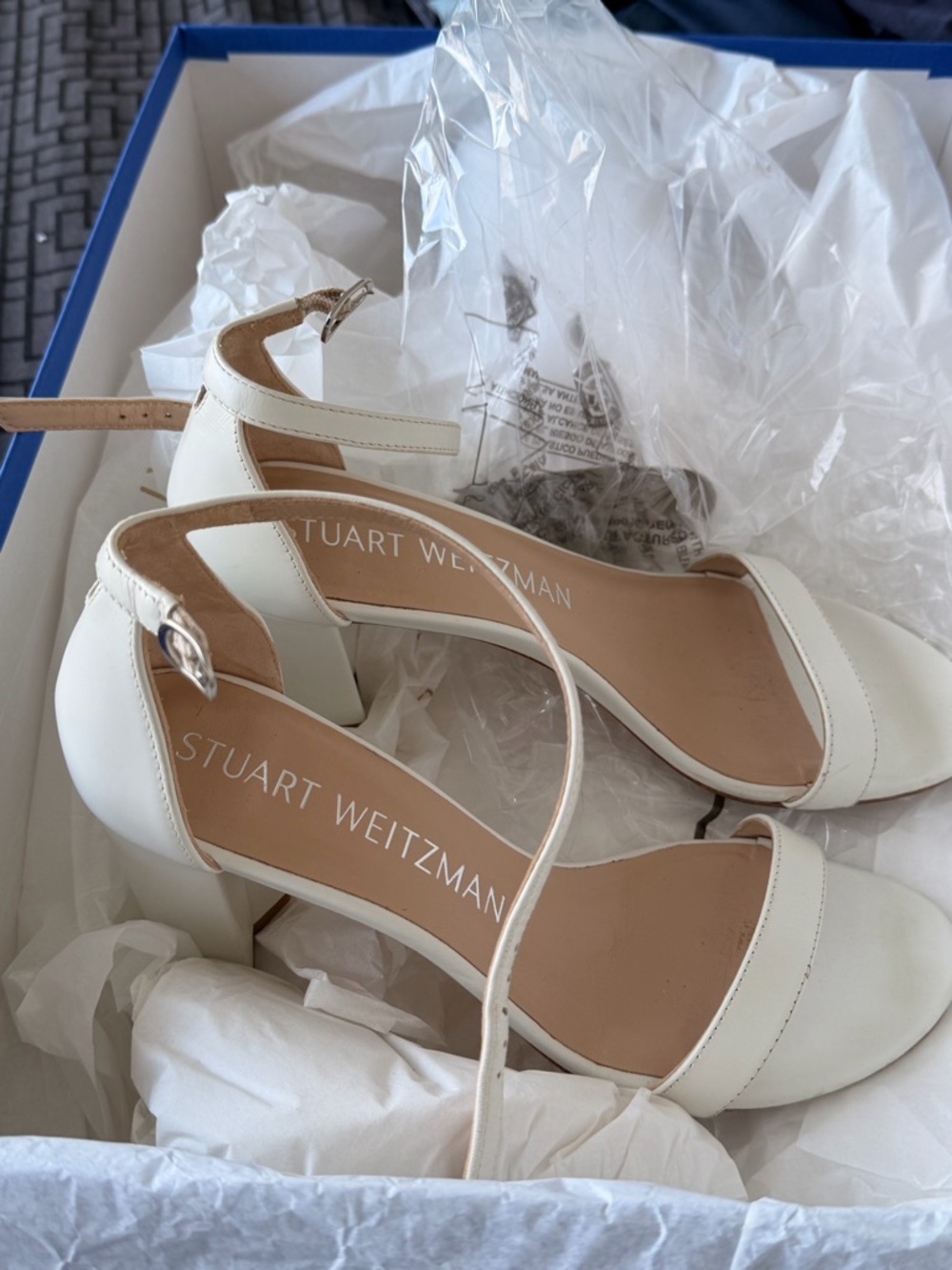 White Stuart Weitzman Ankle-Strap Block Heel Sandals size 8